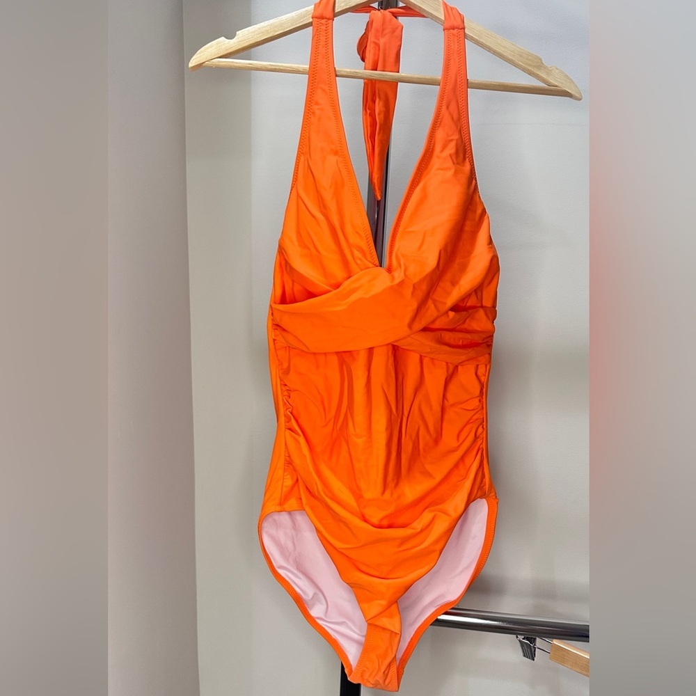 Orange One Piece Swimsuit with Halter Neckline and Ruched Detailing, Medium